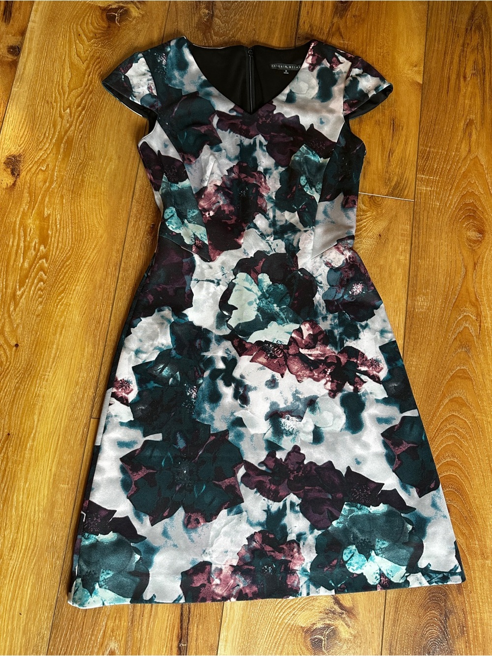 ANTONIO MELANI Teal, Plum & Silver Floral Sheath Dress Sz 0